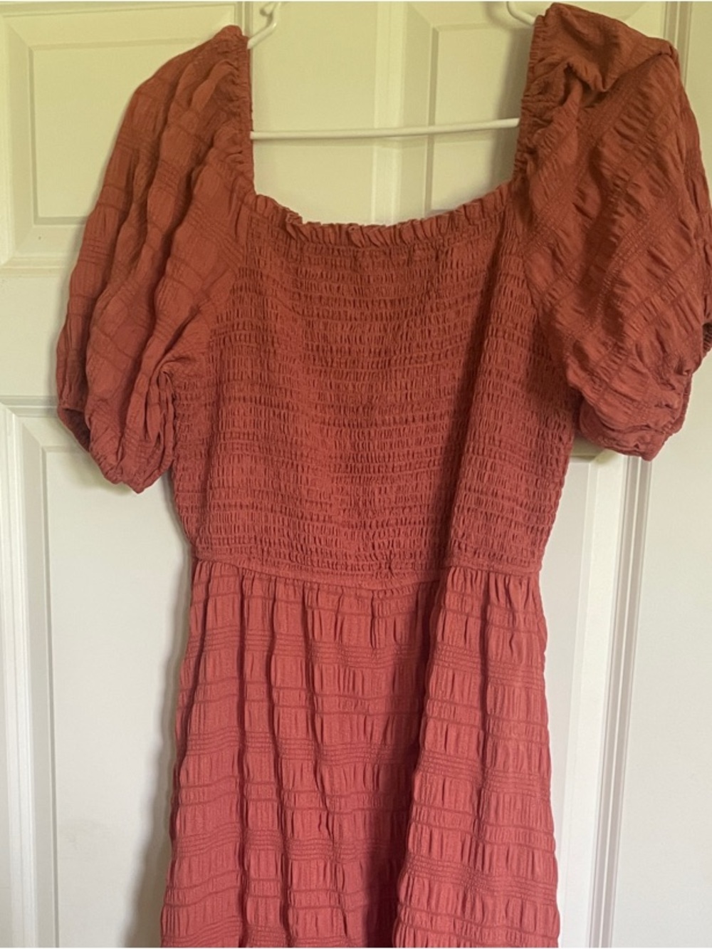 Rust Smocked Midi Dress with Puff Sleeves